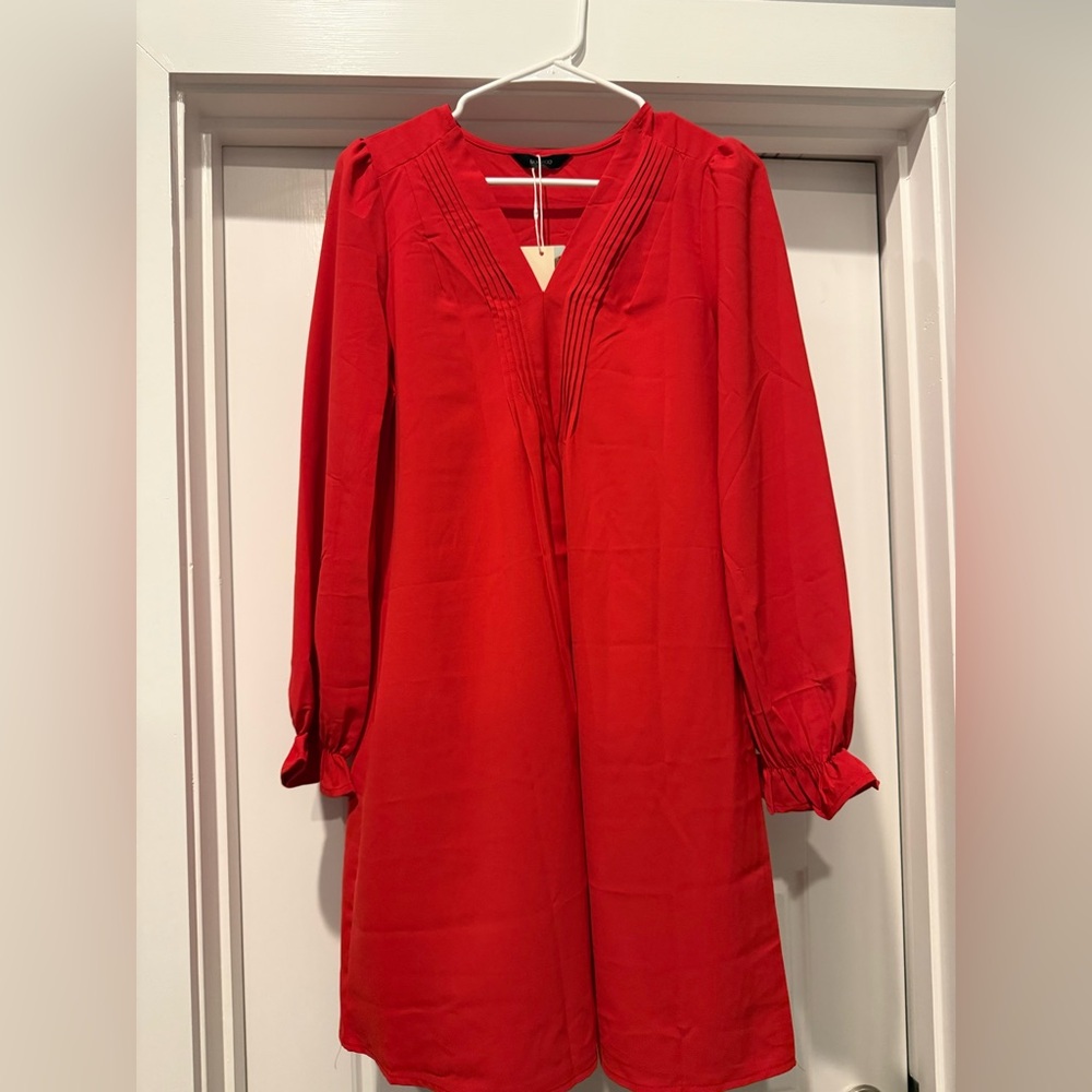 Women's Red Long Sleeve V-Neck Dress